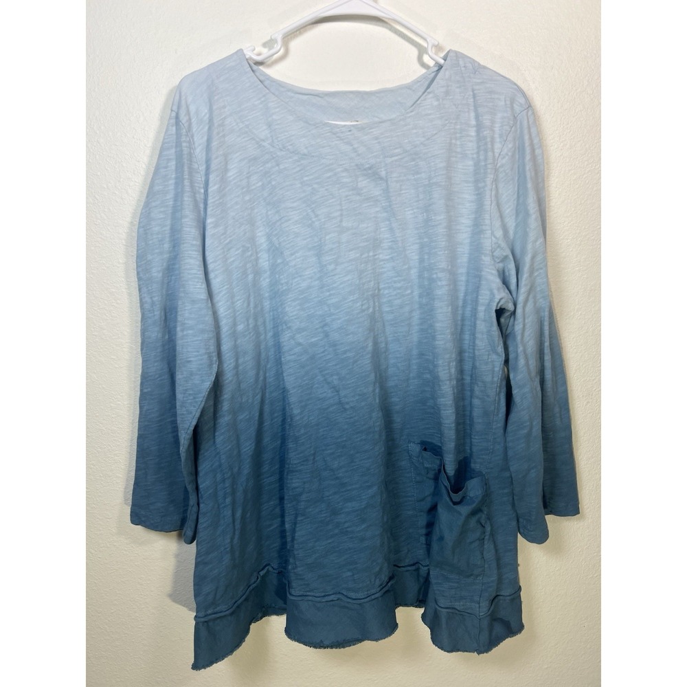 Jess & Jane XL Blue Ombre Dip Dye Cotton 3/4 Sleeve Pocket Tunic Top Lagenlook